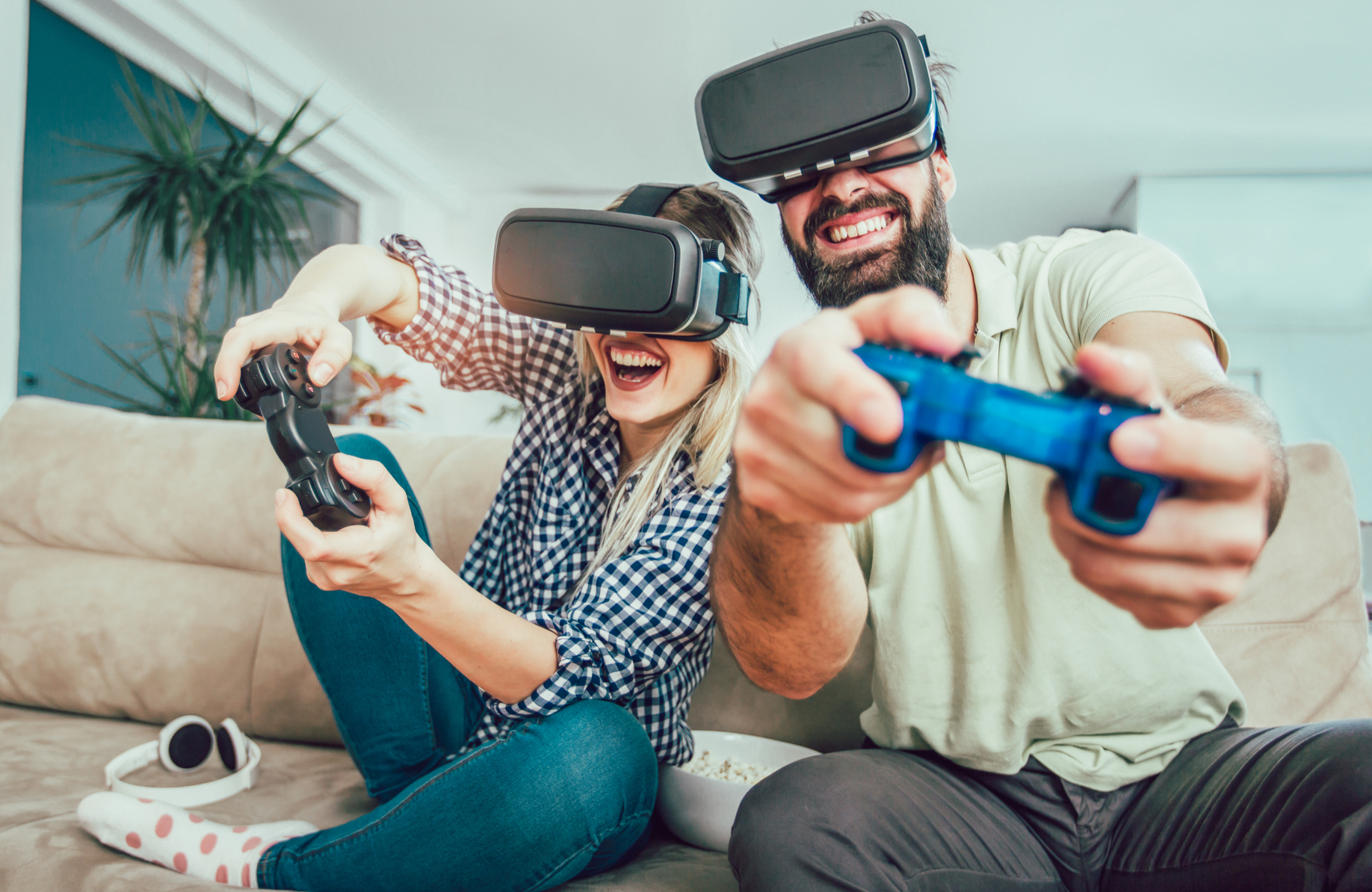 Man woman playing gaming VR