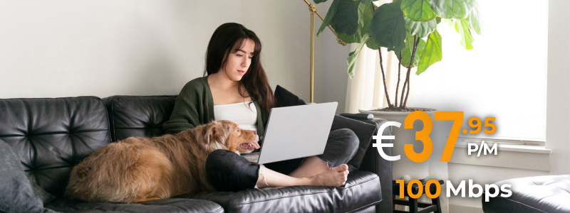 Woman working from home with dog on couch