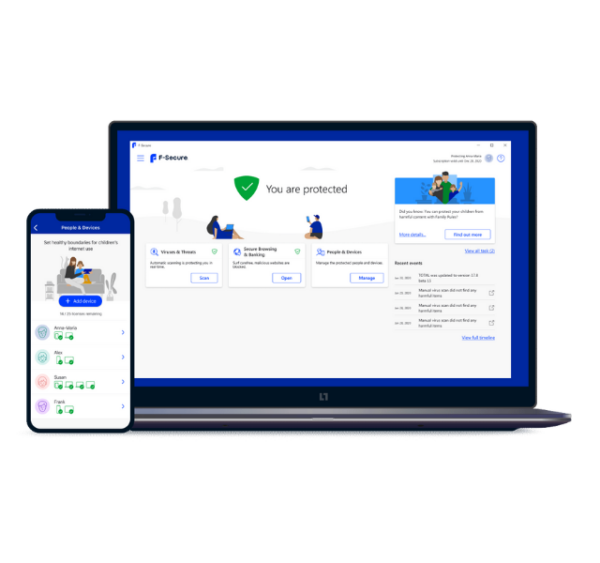 Laptop displaying F-Secure protection screen, highlighting advanced cybersecurity features for safe browsing and online security