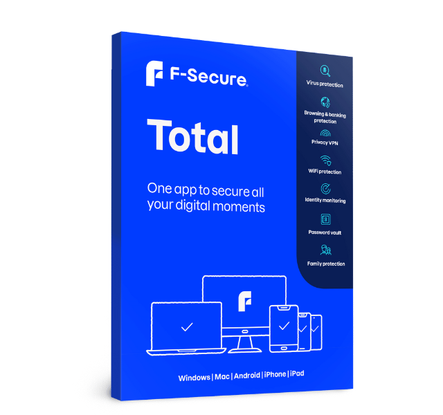 F-Secure Total Security package – all-in-one cybersecurity solution with antivirus, VPN, and identity protection